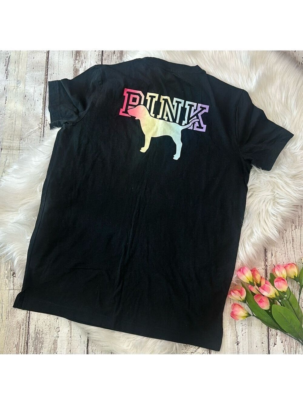 Pink Campus Rainbow Signature Dog Print Crew Neck Tee Size Small